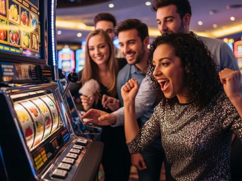A rich9 casino friend cheering excitedly while spinning a slot machine in an online casino setting.
