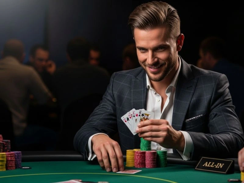 A rich9 casino player smiling confidently while flipping poker cards during an online casino game.
