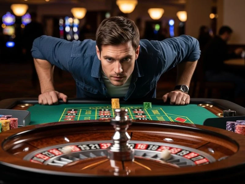 An sm777 casino login friend leaning forward while watching the roulette wheel spin in a live online casino.