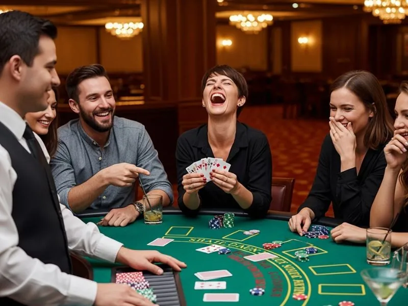 An sm777 casino login group laughing together while playing blackjack in an online casino setting.