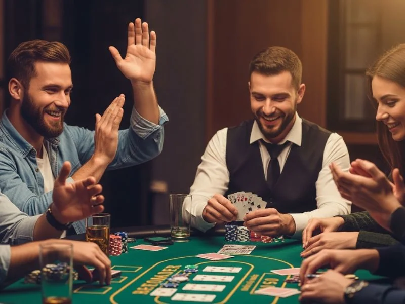An sm777 casino login register buddy clapping as the dealer reveals a winning hand at a live casino table.